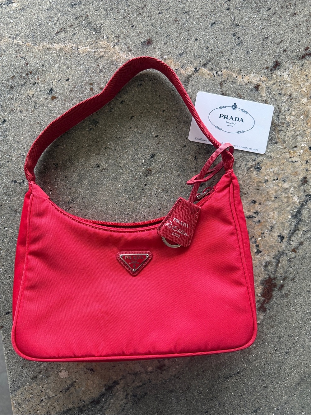 Prada Red Nylon Shoulder Bag with Logo Tag